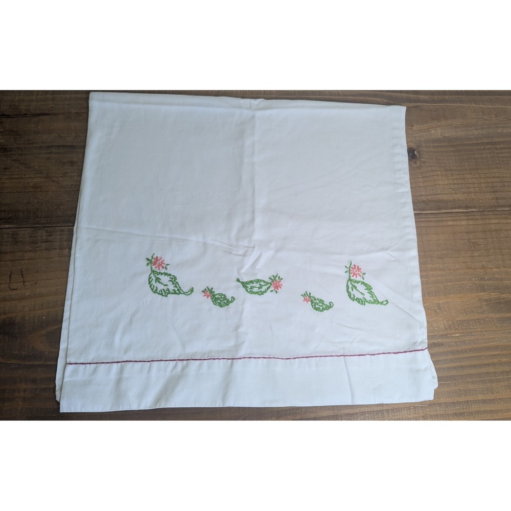 Vintage Hand Embroidered Floral White Pillowcase Pink Green Leaf Cottage 31x17